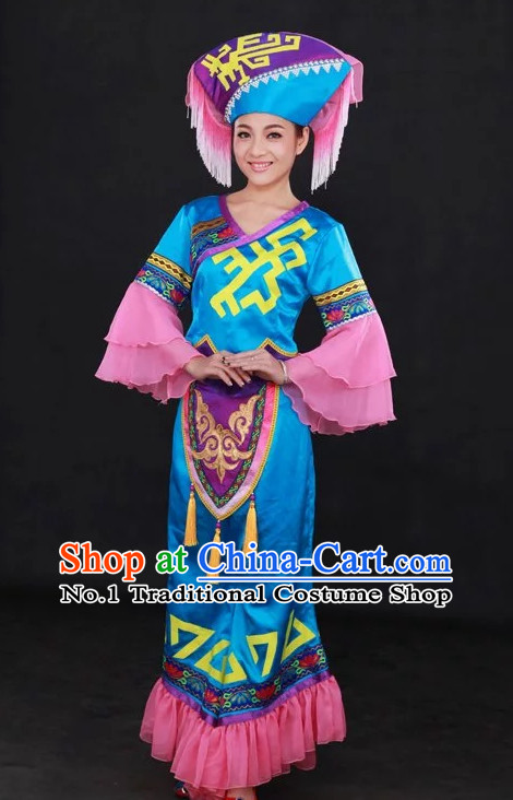 Traditional Chinese Ethnic Minority Zhuang People Clothing and Hat Complete Set for Women