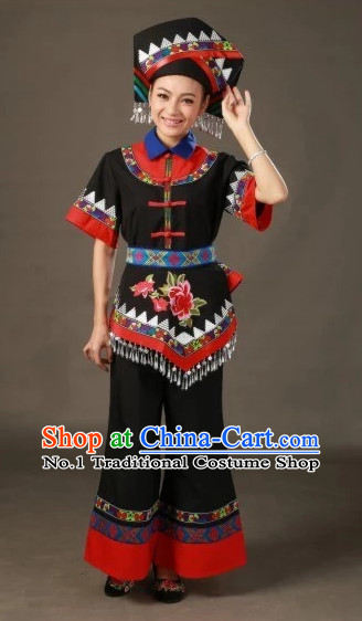 Traditional Chinese Ethnic Minority Zhuang People Folk Clothing and Hat Complete Set for Women