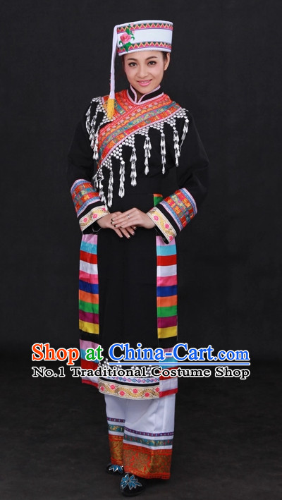 Traditional Chinese Ethnic Lahu Nationality People Folk Dresses and Hat Complete Set for Women