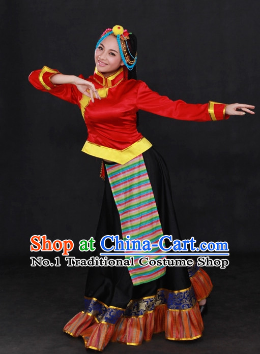Traditional Chinese Ethnic Tibet Nationality People Folk Dresses and Hat Complete Set for Women