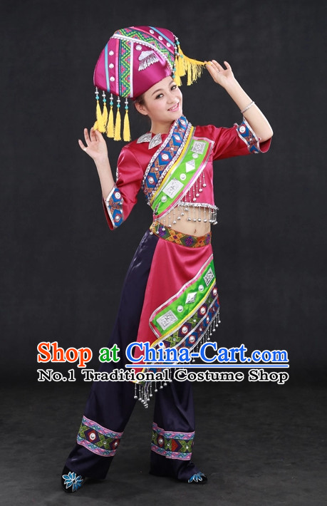 Traditional Chinese Ethnic Zhuang Nationality People Folk Dresses and Hat Complete Set for Women