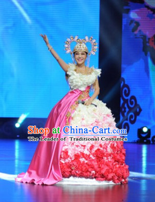 Asian Stage Performance Flower Dance Costumes and Headwear Complete Set for Women