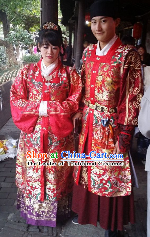 Ancient Chinese Ming Dynasty Wedding Dresses Clothes and Headwear Complete Set for Men and Women
