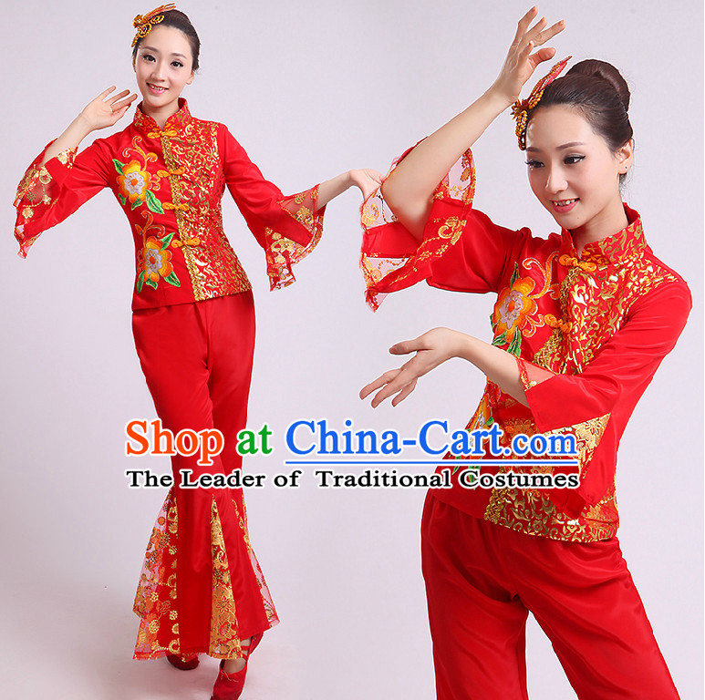 Chinese Fan Dance Costumes Group Dancing Costume Dancewear China Dress Dance Wear and Head Pieces Complete Set