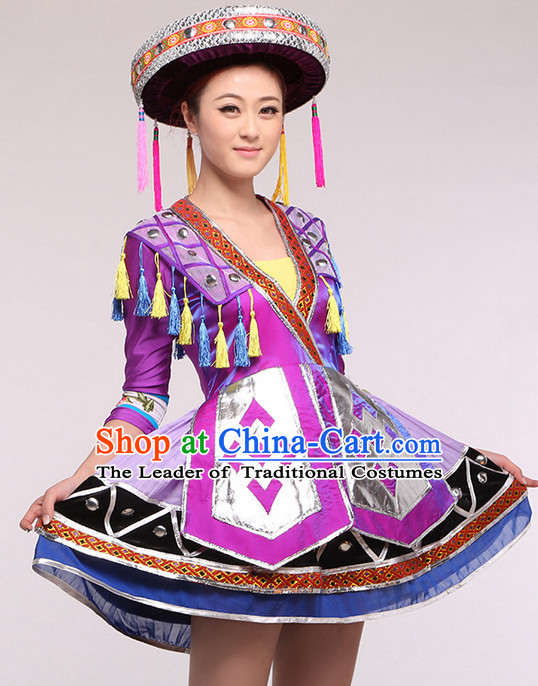 Chinese Folk Ethnic Competition Dance Costume Group Dancing Costumes and Hat Complete Set for Women