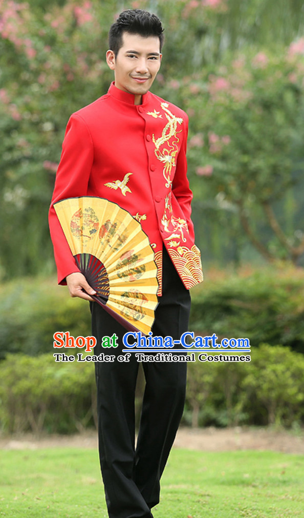 Top Chinese Red Mandarin Bridegroom Wedding Clothes Complete Set