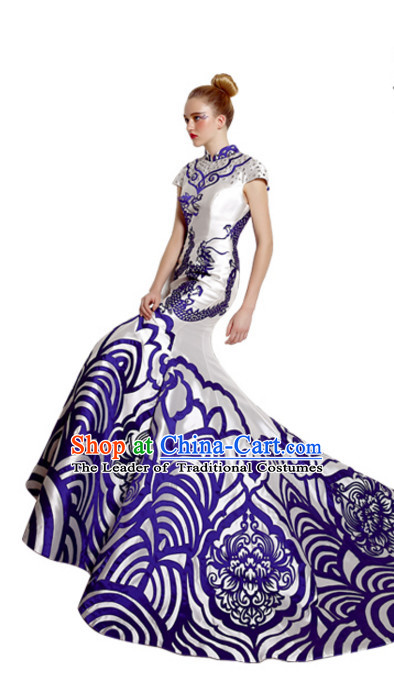 Top Chinese Blue White Long Tail Wedding Dress Evening Dress Complete Set