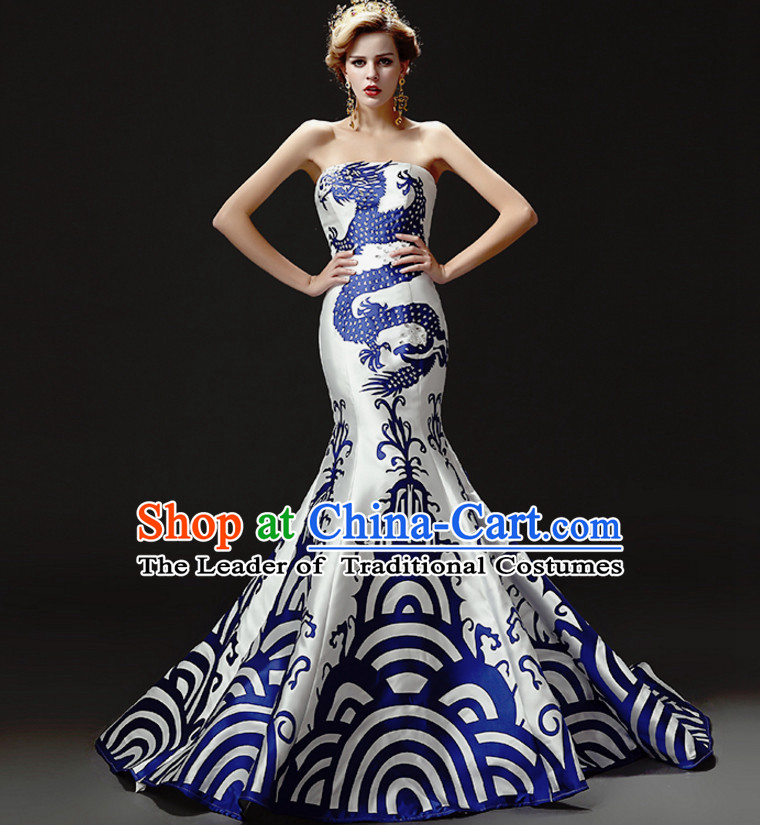 Top Chinese Blue White Long Tail Wedding Dress Evening Dress Complete Set