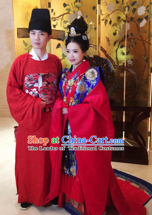 Top Chinese Ming Dynasty Wedding Dresses Clothing and Hats 2 Complete Set for Brides and Bridesgroom