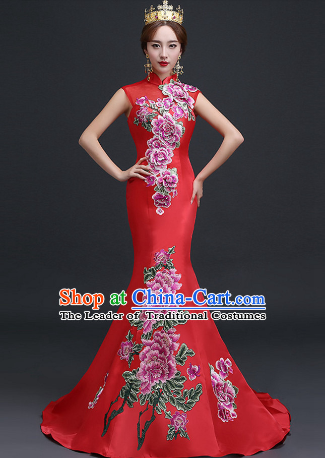Top Chinese Red Long Tail Wedding Dress Evening Dress and Hair Jewelry Complete Set