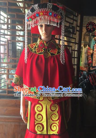 Chinese Folk Ethnic Traditional Dress Garment and Hat Complete Set for Women