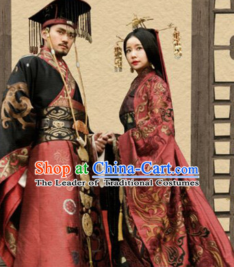 Chinese Ancient Han Dynasty Empress and Emperor Stage Costumes and Hair Accessories Complete Set