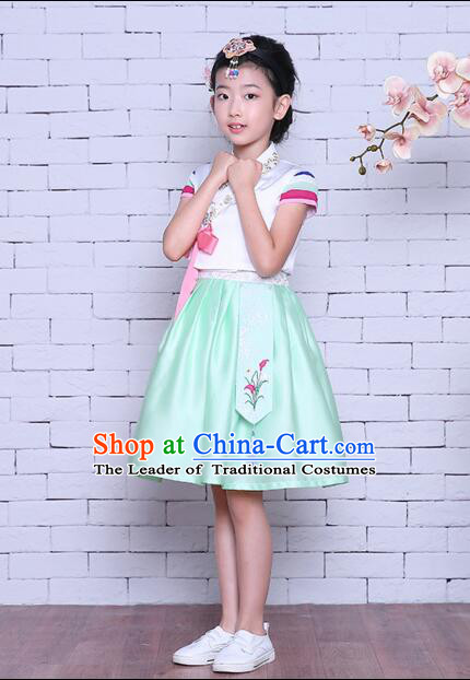 Korean Children Dress Traditional Girl Clothes Princess Stage Show Costumes Kids Formal Attire Dancing White Top Green Skirt