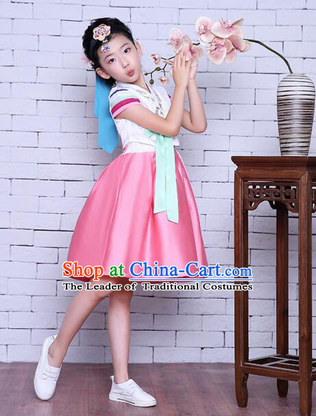 Korean Children Dress Traditional Girl Clothes Princess Stage Show Costumes Kids Formal Attire Dancing White Top Pink Skirt