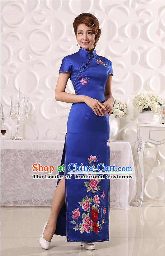 Ancient Chinese Costumes, Manchu Clothing Qipao, Retro Mandarin Collar Embroidered Long Silk Cheongsam, Traditional Cheongsam Wedding Toast Dress for Bride