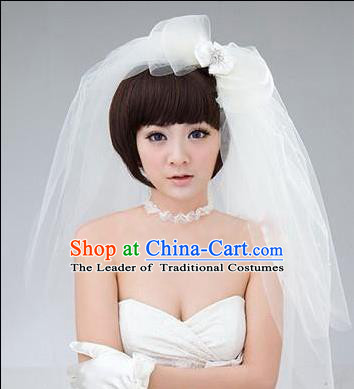 Chinese Wedding Jewelry Accessories, Traditional Bride Headwear, Wedding Tiaras, Imperial Bridal Wedding Lace Bowknot Veil Hair Clasp