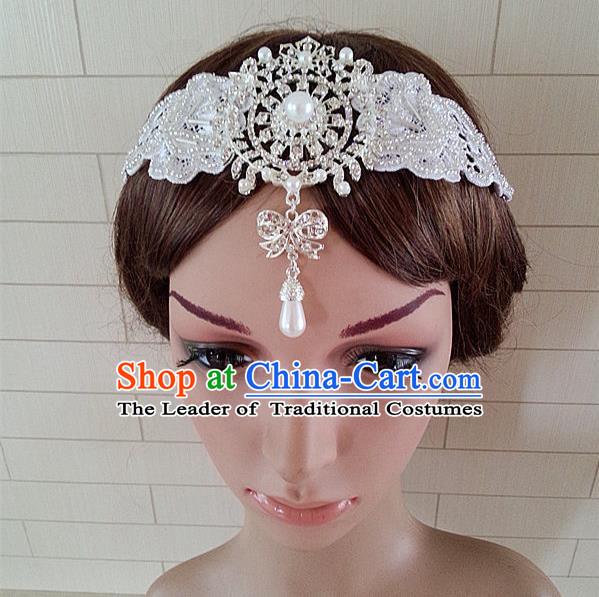 Chinese Wedding Jewelry Accessories, Traditional Bride Headwear, Princess Wedding Crystal Tiaras, Imperial Bridal Baroco Style Wedding Lace Tassels Pearl Hair Clasp