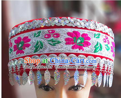 Chinese Traditional Miao Minority Hmong Folk Ethnic Hat, Tujia Minority Embroidery Hat for Women
