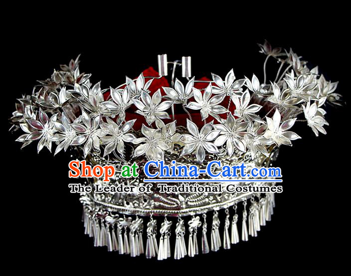 Chinese Traditional Miao Minority Hmong Folk Ethnic Hat, Miao Minority Sliver Crown Jewelry Accessories, Miao Headgear for Women
