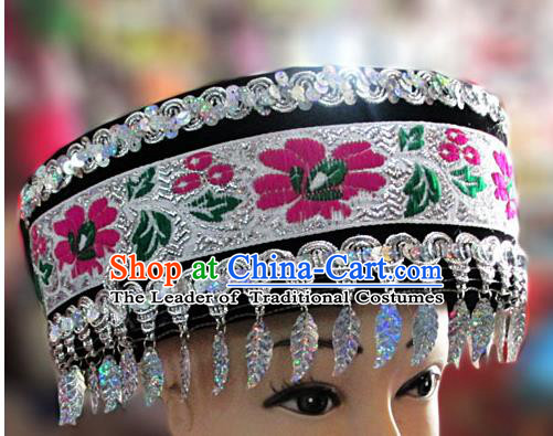 Chinese Traditional Miao Minority Hmong Folk Ethnic Hat, Tujia Minority Embroidery Hat for Women