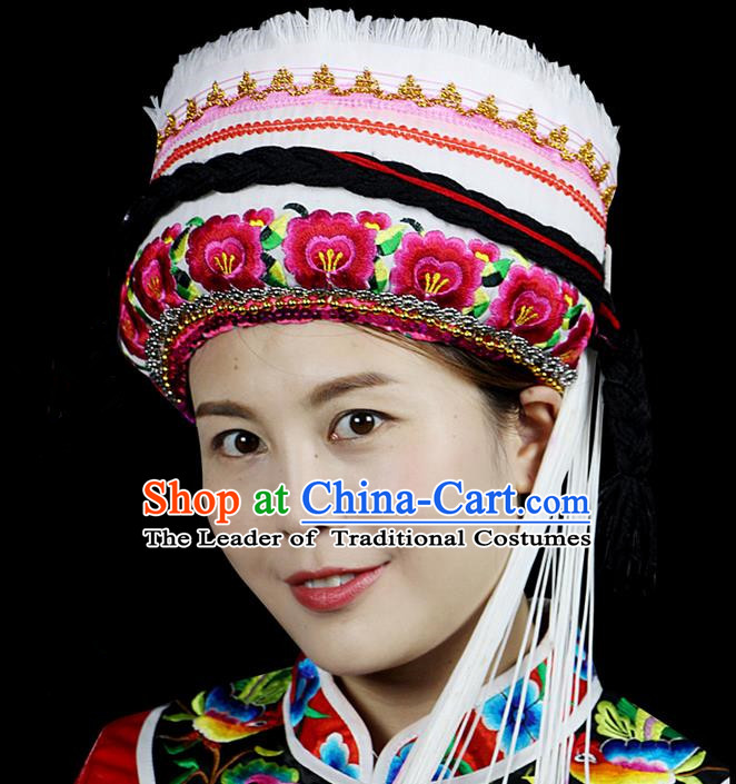 Chinese Traditional Bai Minority Hmong Folk Ethnic Hat, Bai Ethnic Embroidery Hat for Women