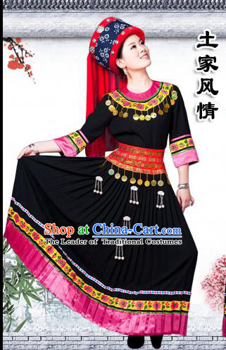 Traditional Chinese Tujia Nationality Dancing Costume Set, Hmong Female Folk Dance Ethnic Pleated Skirt and Hat, Chinese Tujia Minority Nationality Embroidery Costume for Women