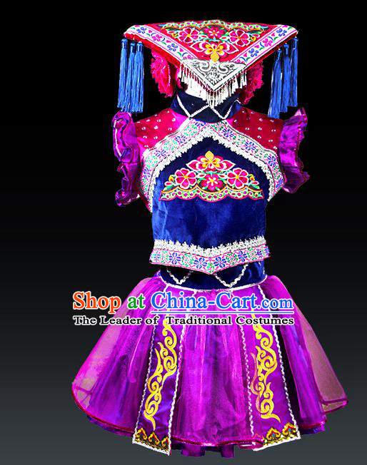 Traditional Chinese Tujia Nationality Dancing Costume Set, Hmong Female Folk Dance Ethnic Pleated Skirt and Hat, Chinese Zhuang Minority Nationality Embroidery Costume for Women