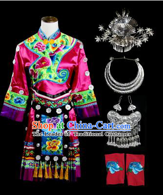 Traditional Chinese Miao Nationality Dancing Costume Accessories Necklace, Hmong Female Folk Dance Ethnic Pleated Skirt and Headwear, Chinese Minority Tujia Nationality Embroidery Costume and Hat for Women