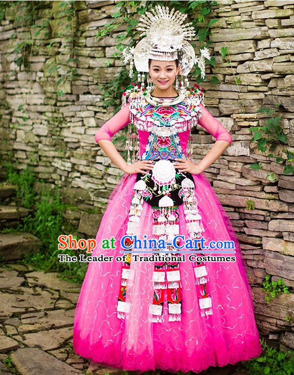 Traditional Chinese Miao Nationality Wedding Costume Accessories Crown, Necklace, Hmong Female Wedding Ethnic Pleated Dress and Phoenix Silver Headwear, Chinese Minority Nationality Embroidery Costume and Hat for Women