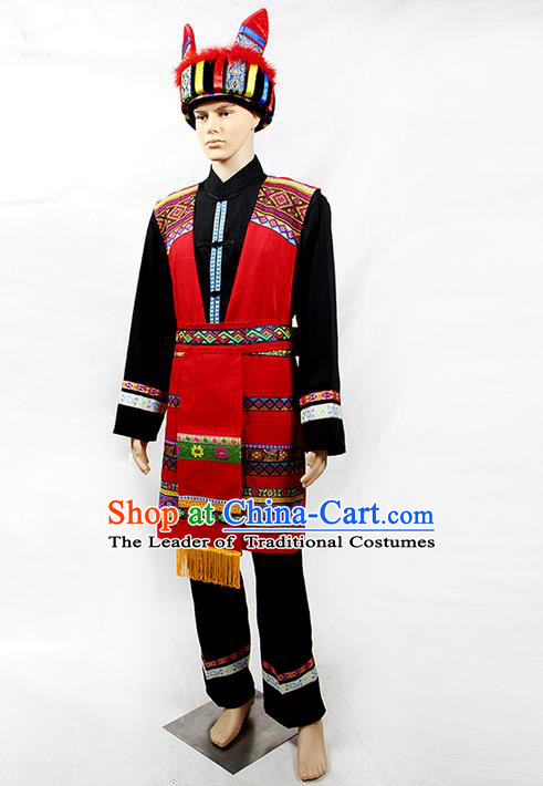 Traditional Chinese Miao Nationality Folk Dance Ethnic Wear, China Tujia Nationality Clothing and Hat, Ethnic Dresses Cultural Dances Costumes Complete Set for Men
