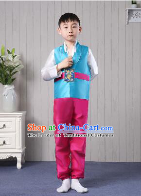 Korean Traditional Dress for Children Boy Clothes Kid Costumes Stage Show Dancing Blue Top Red Pants