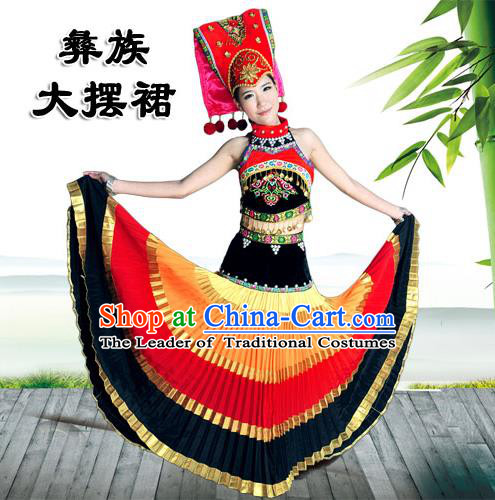 Traditional Chinese Yi Nationality Dancing Costume, Yi People Female Folk Dance Ethnic Pleated Skirt, Chinese Minority Nationality Embroidery Costume for Women