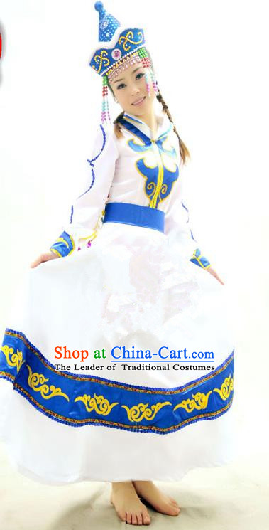Traditional Chinese Evenki Nationality Dancing Costume, Ewenkezu Female Folk Dance Ethnic Pleated Skirt, Chinese Ewenke Minority Nationality Embroidery Costume for Women