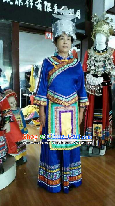 Traditional Chinese Shui Nationality Dancing Costume and Accessories, Shuizu Female Folk Dance Ethnic Pleated Skirt, Chinese Water Minority Nationality Embroidery Costume Set for Women