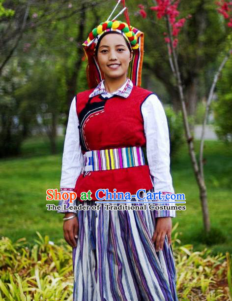 Traditional Chinese Nu Nationality Dancing Costume, Nuzu Female Folk Dance Ethnic Pleated Skirt, Chinese Nu Minority Nationality Embroidery Costume for Women