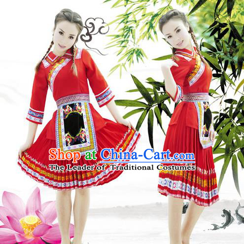Traditional Chinese Tujia Nationality Dancing Costume, Tujiazu Female Folk Dance Ethnic Pleated Skirt, Chinese Tujia Minority Nationality Embroidery Costume for Women