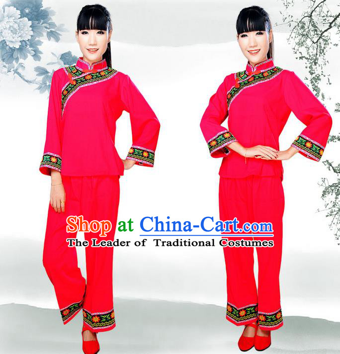 Traditional Chinese Tujia Nationality Dancing Costume, Tujiazu Female Folk Dance Ethnic Dress, Chinese Tujia Minority Nationality Embroidery Costume for Women