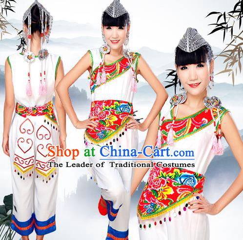 Traditional Chinese Yi Nationality Dancing Costume, Yizu Female Folk Dance Ethnic Dress, Chinese Yi Minority Nationality Embroidery Costume for Women