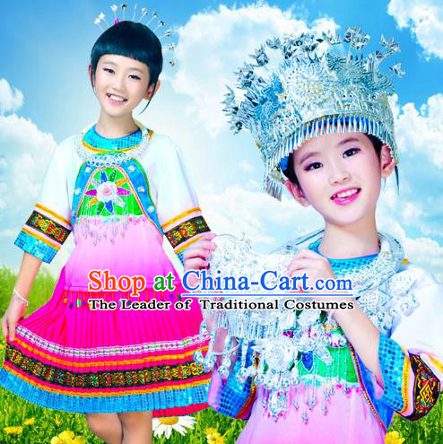 Traditional Chinese Miao Nationality Dancing Costume Accessories Necklace and Longevity Lock, Hmong Children Folk Dance Ethnic Pleated Skirt and Headwear, Chinese Minority Tujia Nationality Embroidery Costume and Hat for Kids