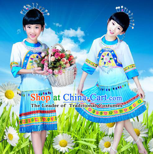 Traditional Chinese Miao Nationality Dancing Costume Accessories Necklace and Longevity Lock, Hmong Children Folk Dance Ethnic Pleated Skirt and Headwear, Chinese Minority Tujia Nationality Embroidery Costume and Hat for Kids