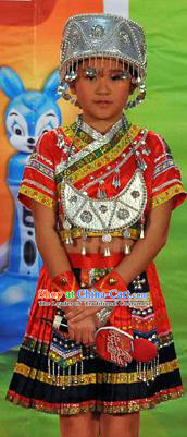 Traditional Chinese Miao Nationality Dancing Costume, Hmong Children Folk Dance Ethnic Dress, Chinese Minority Tujia Nationality Embroidery Costume for Girls Kids