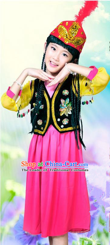 Traditional Chinese Uyghur Nationality Dancing Costume, Uigurian Children Folk Dance Ethnic Pleated Skirt, Chinese Minority Uyghur Nationality Embroidery Costume for Kids