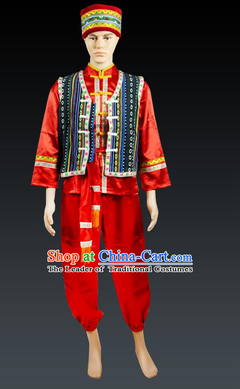 Traditional Chinese Zhuang Nationality Dancing Costume, Zhuangzu Male Folk Dance Ethnic Dress, Chinese Minority Zhuang Nationality Embroidery Costume for Men