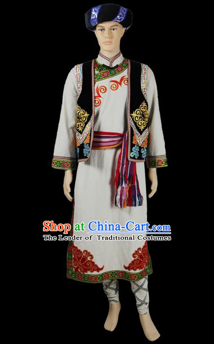 Traditional Chinese Qiang Nationality Dancing Costume, Qiangzu Male Folk Dance Ethnic Dress, Chinese Minority Qiang Nationality Embroidery Costume for Men
