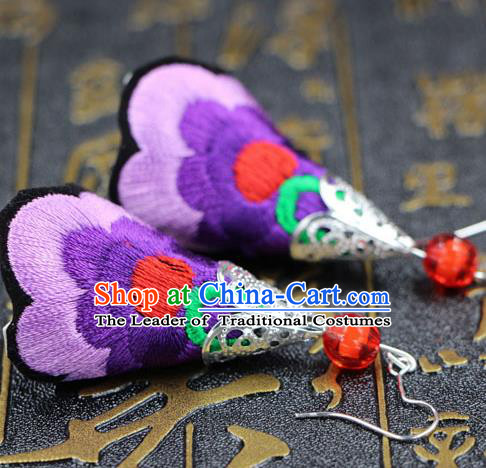 Traditional Chinese Miao Nationality Earrings, Hmong Female Folk Wedding Embroidery Earrings, Chinese Minority Nationality Jewelry Accessories for Women
