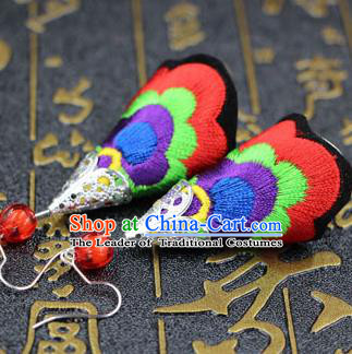 Traditional Chinese Miao Nationality Earrings, Hmong Female Folk Wedding Embroidery Earrings, Chinese Minority Nationality Jewelry Accessories for Women