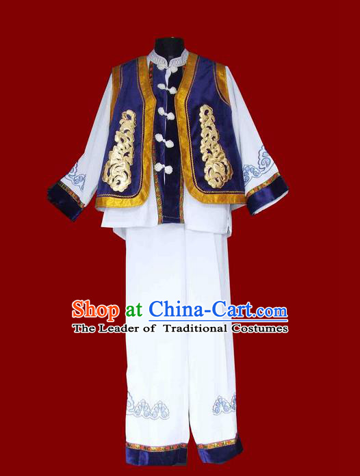 Traditional Chinese Bai Nationality Dancing Costume, Baizu Male Folk Dance Ethnic Dress, Chinese Minority Bai Nationality Embroidery Costume for Men
