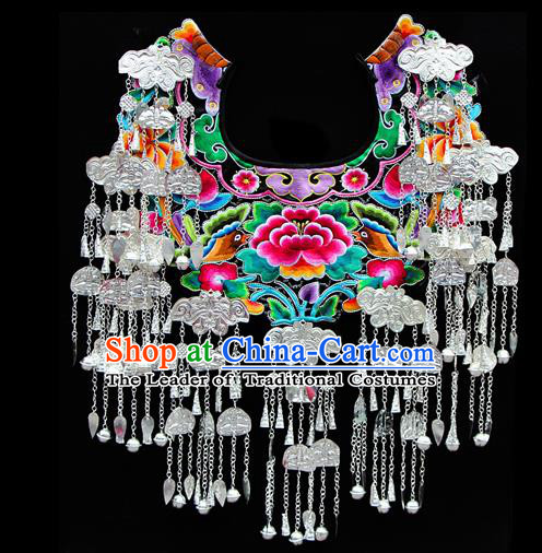 Traditional Chinese Miao Nationality Necklace, Hmong Folk Wedding Embroidery Cloud Shoulder Shawl, Phoenix Coronet And Robes Capelet, Chinese Minority Nationality Jewelry Accessories for Women
