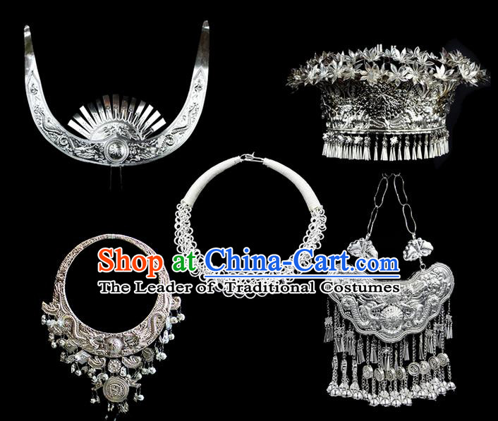 Traditional Chinese Miao Nationality Necklace, Hmong Folk Wedding Phoenix Silver Headwear, Chinese Minority Nationality Crown, Longevity Lock Jewelry Accessories Set for Women