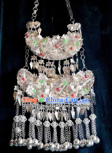 Traditional Chinese Miao Nationality Necklace, Longevity Lock, Hmong Folk Wedding Phoenix Silver Collar for Women